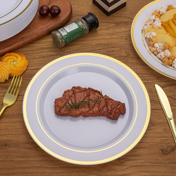 100 Pack 10.25 Inch Gold Rim Plastic Dinner Plates | Heavy Duty Disposable - Image 5