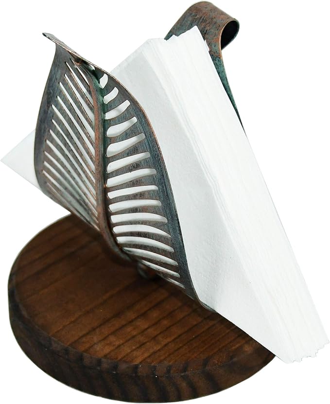 OwlGift Freestanding Modern Napkin Holder w/Golden Turquoise Metal Leaf & Brown - Image 9