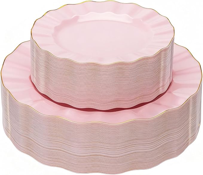 120PCS Pink Plastic Plates, Wavy Plates by QualQuot