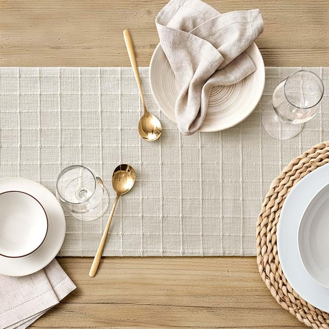 Artisanal Grid Linen Table Runner, 13x60 Inches Ivory | Heavy Textured - Image 5