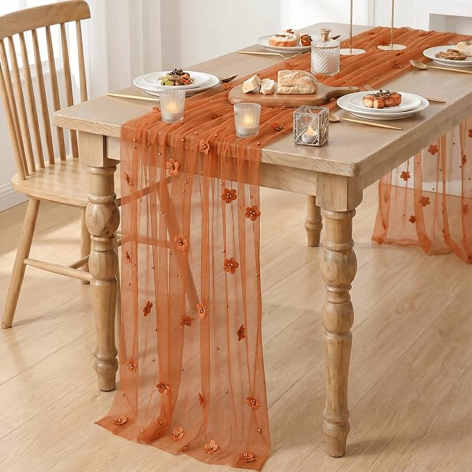 Artoid Mode Caramel Flower Pearl Pink Gauze Table Runner 10FT 3PC, Seasonal - Image 4