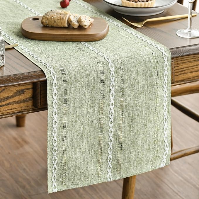 Artoid Mode Sage Green Rustic Cotton Linen Table Runner, Seasonal Embroidered by ArtoidMode
