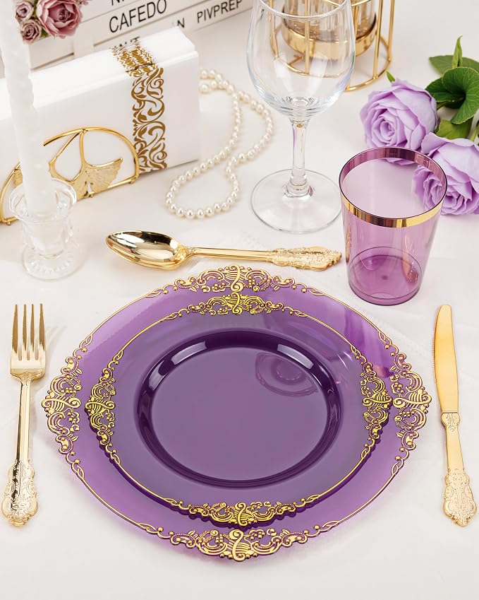 Nervure 350Pcs Purple Plastic Plates, Plastic Dinnerware Set - Image 2