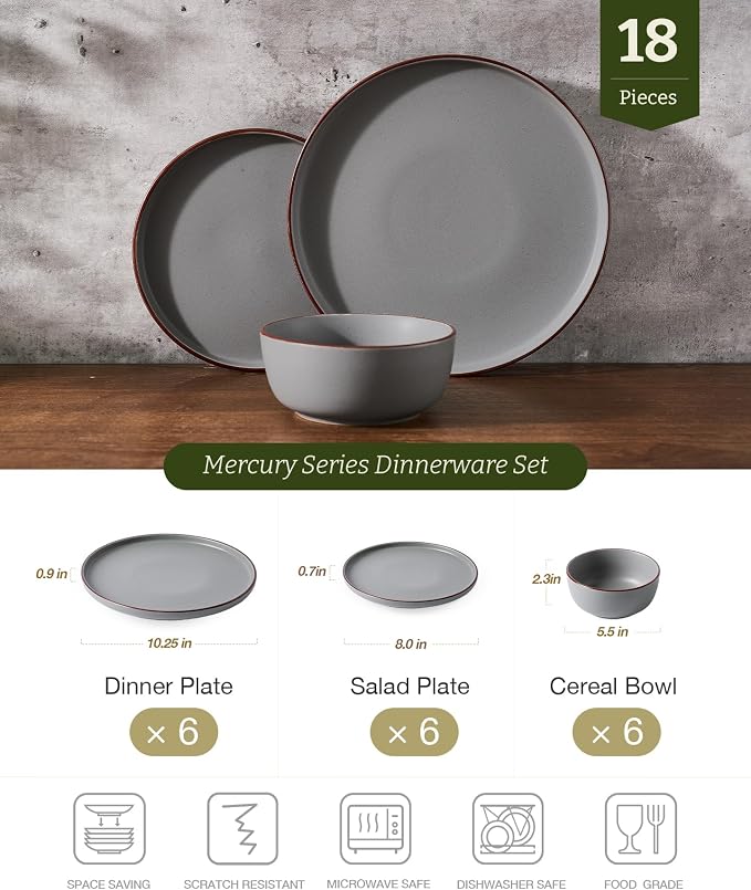 Famiware Mercury 18-Piece Stoneware Dinnerware Set, Dark Grey | Plates and Bowls - Image 2