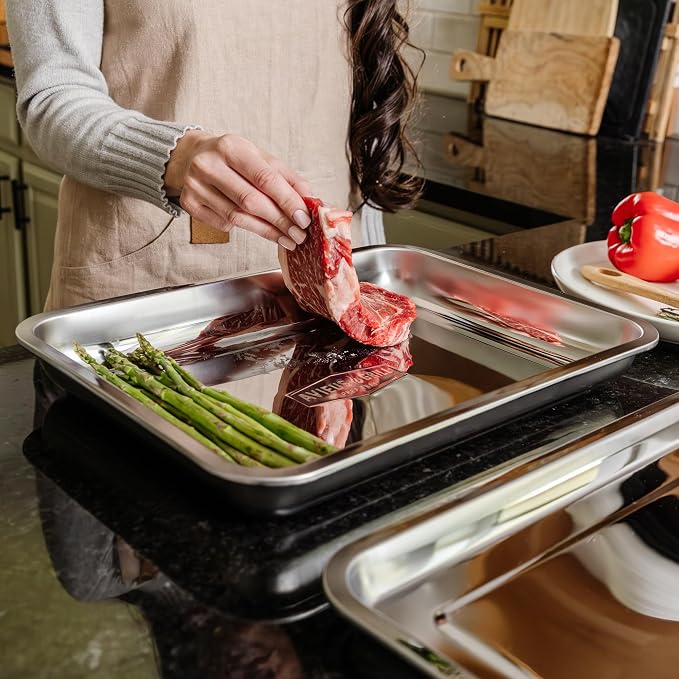 AVIEUS Grill Prep and Serving Trays | Set of 2 Stackable Stainless Steel Trays - Image 6