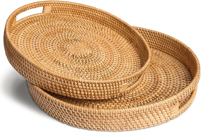 HITOMEN Hand-Woven Round Rattan Serving Tray Decorative Ottoman Wicker Platter by HITOMEN