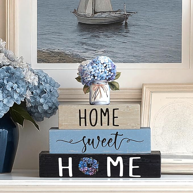 Cinnvoice 4 Pcs Farmhouse Wooden Tabletop Decor Blue Hydrangea Spring Rustic - Image 5