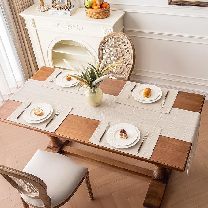 Linen Checked Placemats Set of 6, Ivory Rustic Place Mats 12x18 Inch | Raised - Image 7