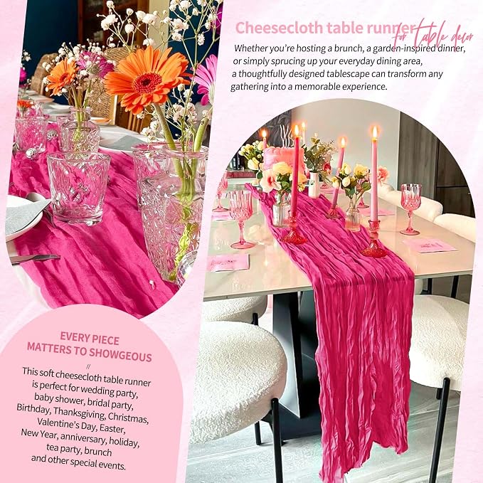 Showgeous 2 Pack Hot Pink Cheesecloth Table Runners Boho Wedding Decor | Rustic - Image 8