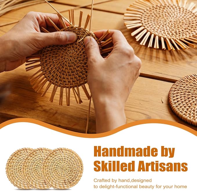 Drink Coasters Set of 6, Handwoven Rattan Coasters - Image 3