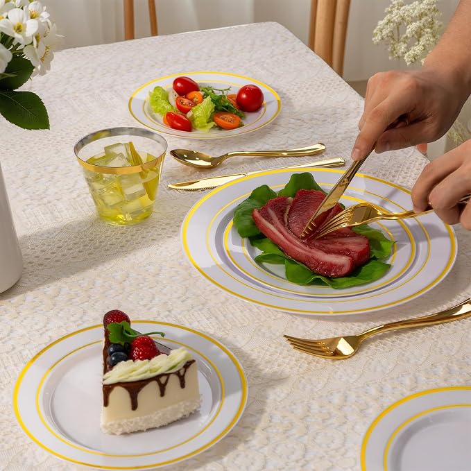 WELLIFE Gold Plastic Plates, knives and spoons - Image 7