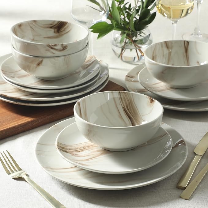 Gibson Home Cloudlight 12 Piece Plates and Bowls Dishes Brown and White - Image 6