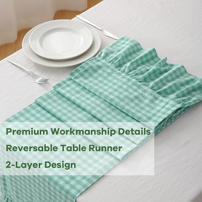 Spa Blue White Plaid Gingham Ruffle Table Runner 90 inches Long Christmas 100% - Image 5