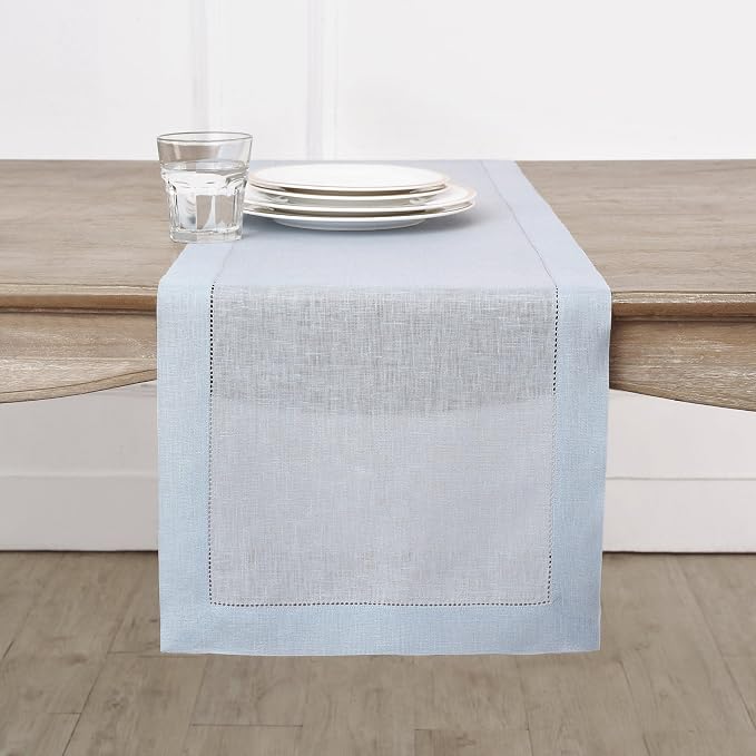 Solino Home 100% Pure Linen Table Runner Light Blue Hemstitch, 14 x 132 in | by SolinoHome