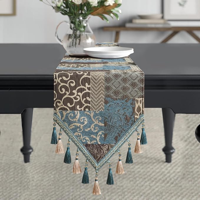 Loom and Mill Luxury Table Runner 72 Inches Long, Patchwork Chenille Damask by LoomandMill