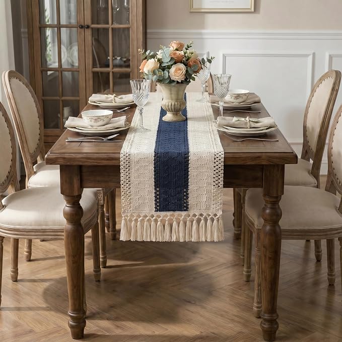 Boho Macrame Table Runner with Tassels 72in Blue Farmhouse Runner | Macrame - Image 5