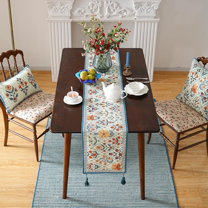 Designer French Linen Extra Long Table Runner, Colorful Floral Pattern - Image 8