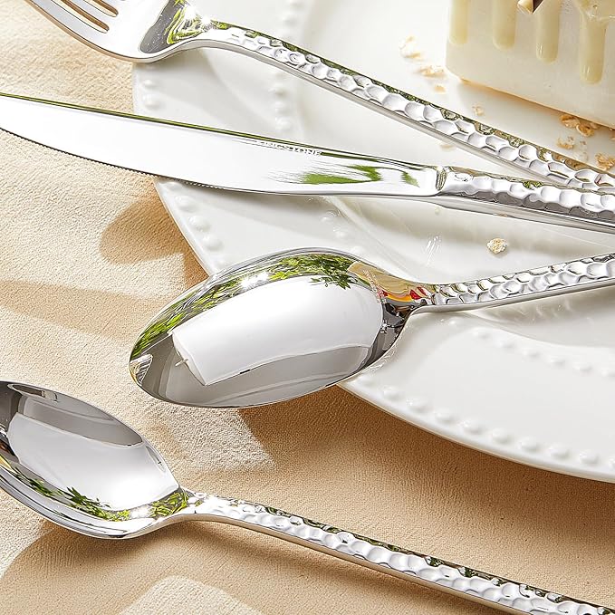 20 Piece Hammered Silverware Set, 18/10 Stainless Steel Flatware Set - Image 5