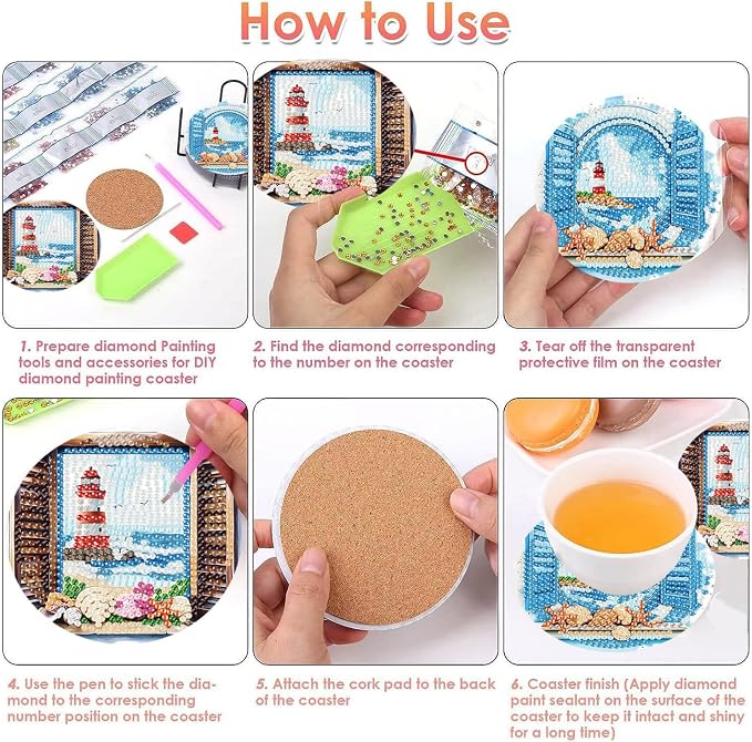8 PCS Diamond Art Coasters Kits Lighthouse Diamond Painting Coaster | Diamond - Image 4