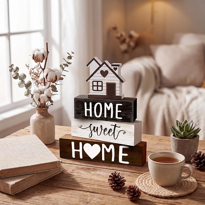 Cinnvoice 4 Pcs Woodhouse Wooden Block Decor Farmhouse Tiered Tray Signs Home - Image 2