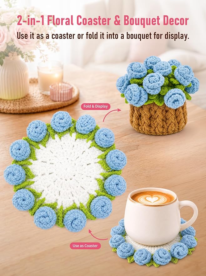 Crochet Flower Bouquet Coasters, Cotton Rose Gifts - Image 6