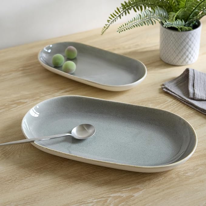 SANGO Resona Moss Serving Platters Set of 2, 14/12 Inch Stoneware Serving Dishes by Sango