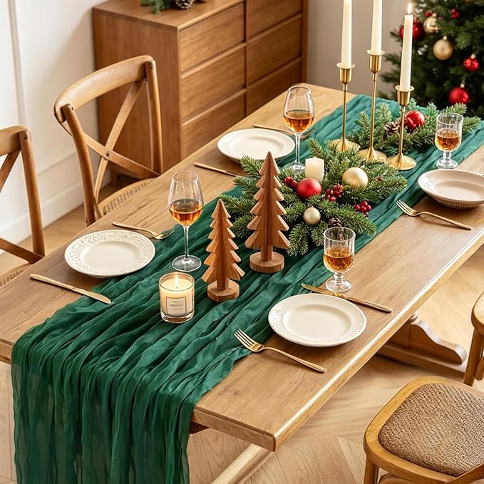 3Pcs Christmas Table Runner, 10FT Cheesecloth Emerald Green Table Runners - Image 3