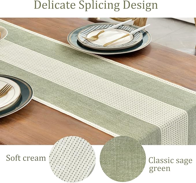 Wracra Linen Table Runner, Stripe Table Runners 36 Inches Sage Green | Delicate - Image 3