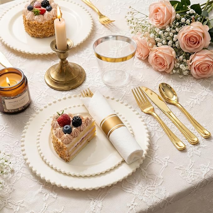 350pcs Plastic Dinnerware Set Ivory 50 Guests - Image 2
