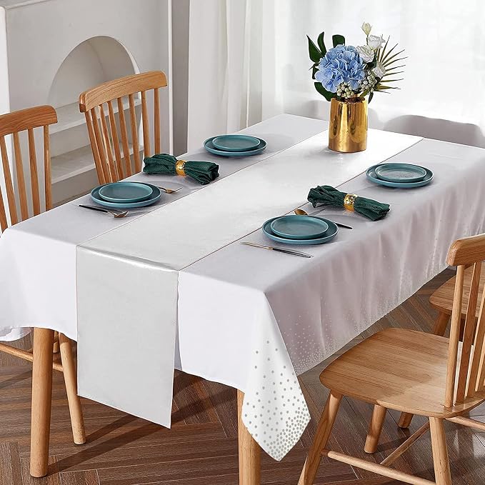 8Pack Disposable Plastic Tablecloths and Satin Table Runner Set White and - Image 4