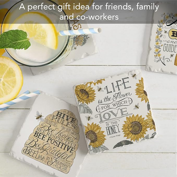 Thirstystone Honey Bees 4 Pack Assorted Tumbled Tile Stone Coasters | 4" Square - Image 5