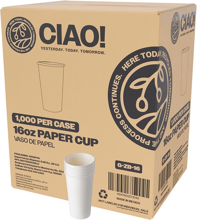 CIAO! 16oz White Paper Hot Cup, Disposable, 90mm Diameter 1 by Ciao