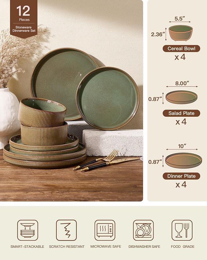 Stoneware Dinnerware Set for 4, Reactive Glaze, Moss Green | 12-Piece Everyday - Image 7