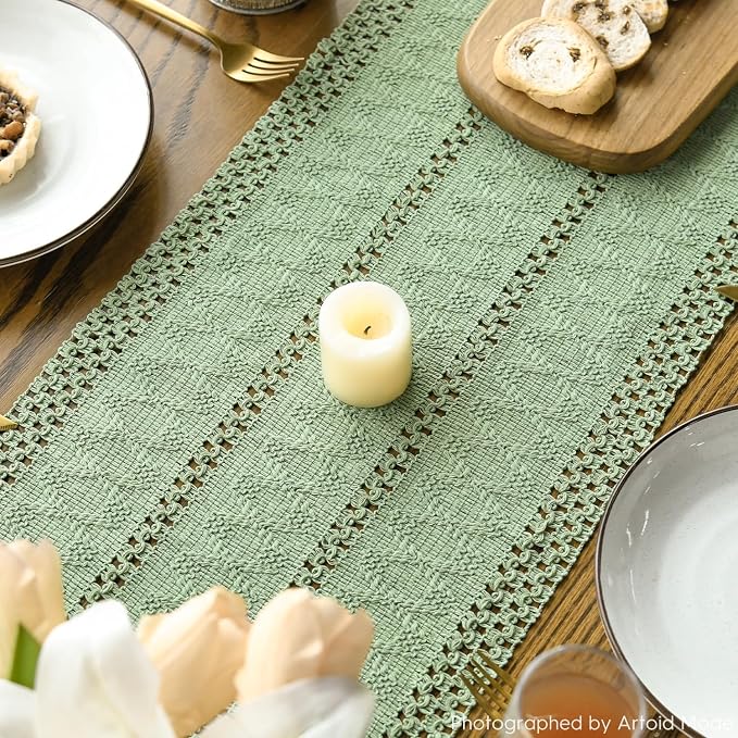 Artoid Mode Light Green Woven Farmhouse Hollow Table Runner 12x90 Inch | - Image 8