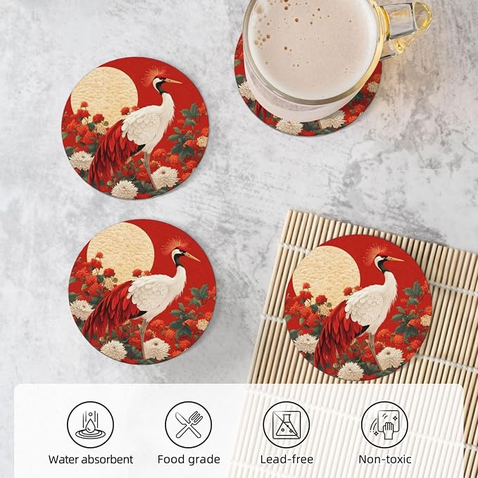 Crane Bird Flower Painting Coasters - Image 5