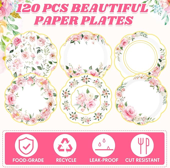 120 Pcs Spring Floral Paper Plates 7 Inch Pink Floral Party Decoration Plates - Image 3