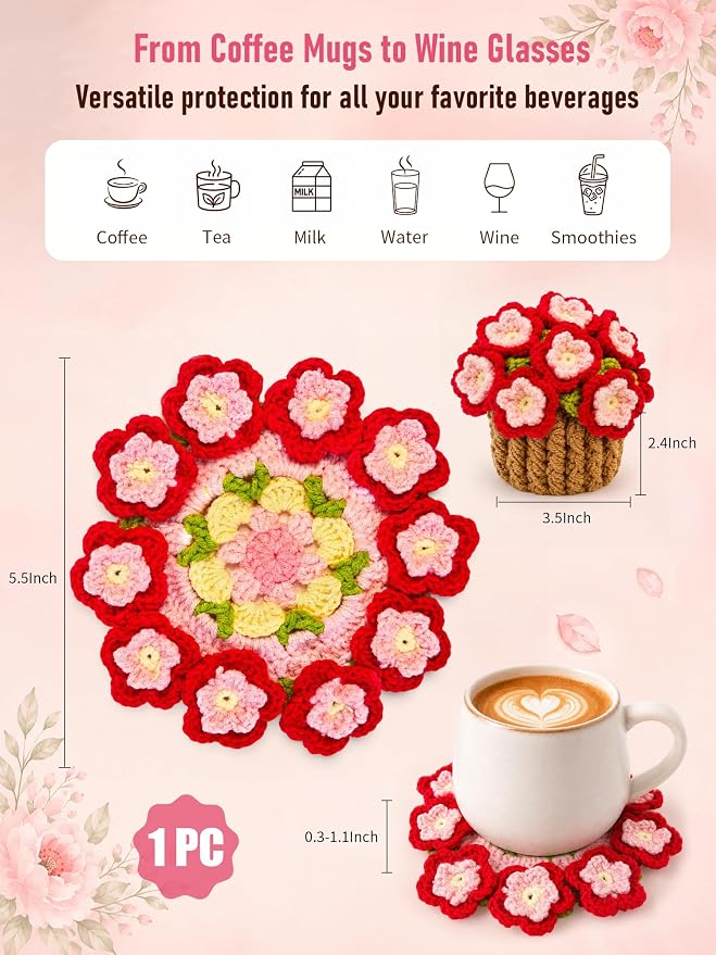 Crochet Flower Bouquet Coasters, Peach Blossom Gift - Image 2