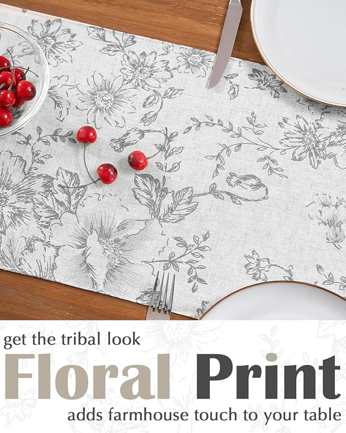 jinchan Grey Floral Linen Table Runner 13 x 90 Inch Farmhouse | Neutral - Image 3