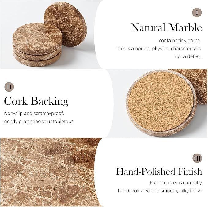 Natural Marble Coaster Set of 4.Round Drinks Coasters, Non-Ceramic/Non-Resin | - Image 3