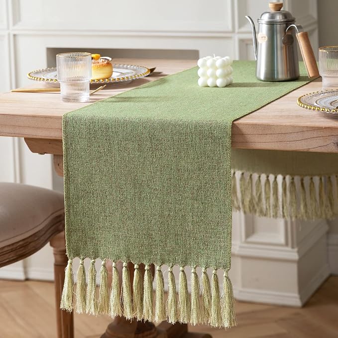 Green Table Runners 48 Inches Long, Burlap Linen Style Rustic Farmhouse Table by ZEEMARTONLINE