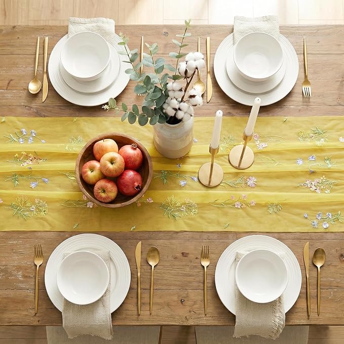 Artoid Mode Wildflower Floral Yellow Gauze Embroidery Table Runner 120 Inch 10FT - Image 5
