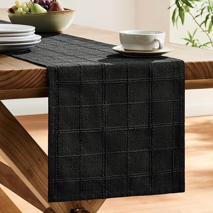 Linen Checked Farmhouse Table Runner, 13x72 Inches Black | Raised Grid Design - Image 4