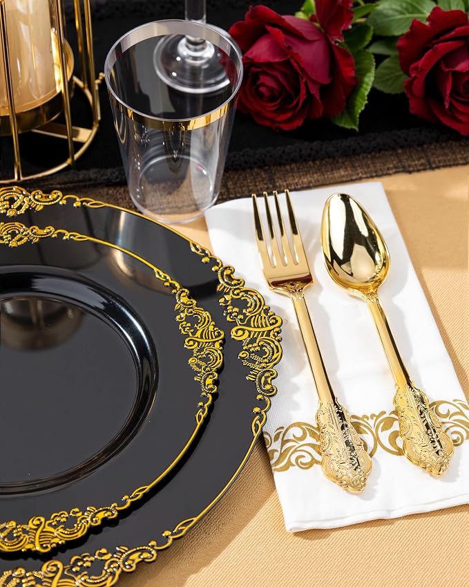 Nervure 350Pcs Black Plastic Plates, Plastic Dinnerware Set - Image 6