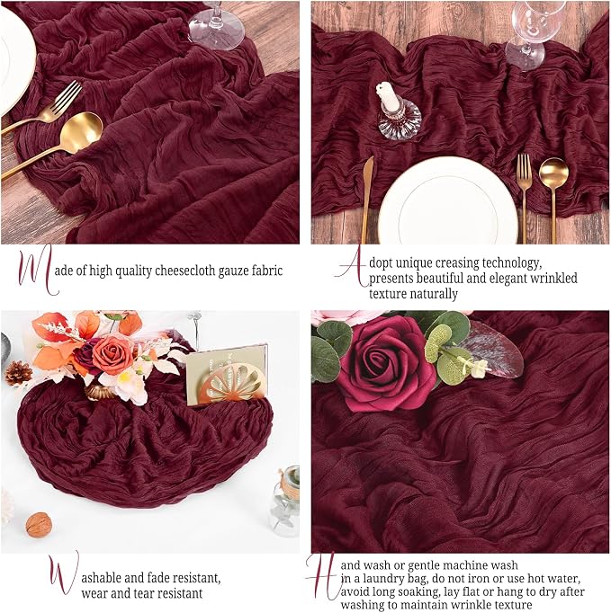 25 Pack Burgundy Table Runners 17 x 108inch Cheesecloth Table Runner Boho Gauze - Image 4