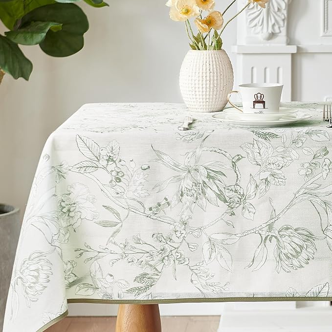 jinchan Green Floral Linen Rectangle Table Cloth 50 x 84 Inch | Natural by JINCHAN