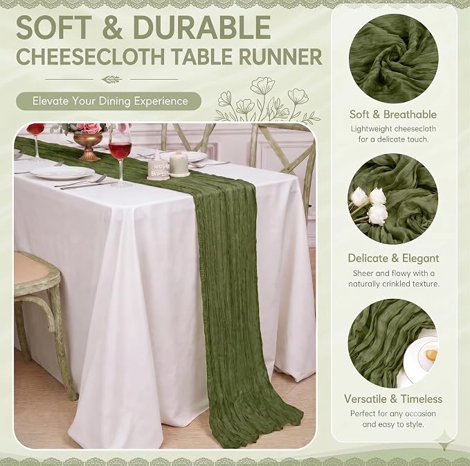 12 Pack Olive Green Cheesecloth Table Runner 17x108 Inch Boho Rustic Semi Sheer - Image 4