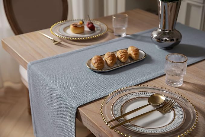 Burlap Style Farmhouse Table Runner, 14x90 Inches Light Dusty Blue | Thick - Image 4