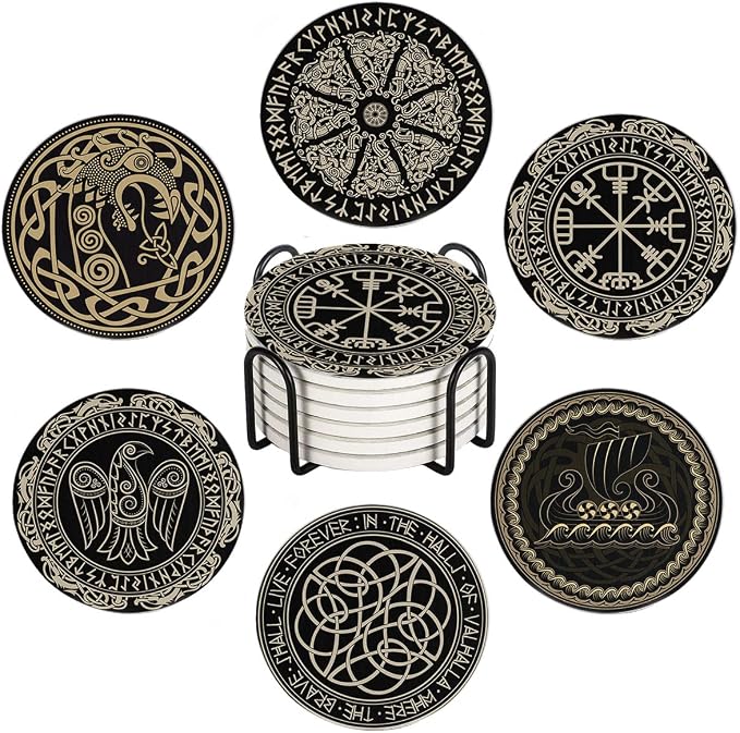 HUXJOKO Coasters for Drinks Set of 6, Round Stone Mat, by HUXJOKO
