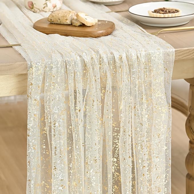 Artoid Mode Beige Gold Gauze Table Runner 59x120 Inch 10FT, Glitter Metallic by ArtoidMode