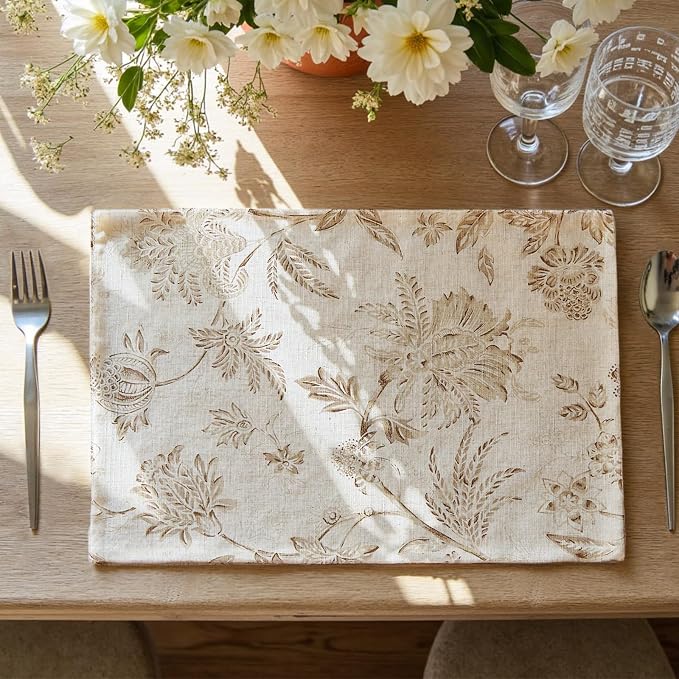 JINCHAN Sliva Linen Floral Placemats Set of 4 Farmhouse 13x19 Inch Taupe | by JINCHAN